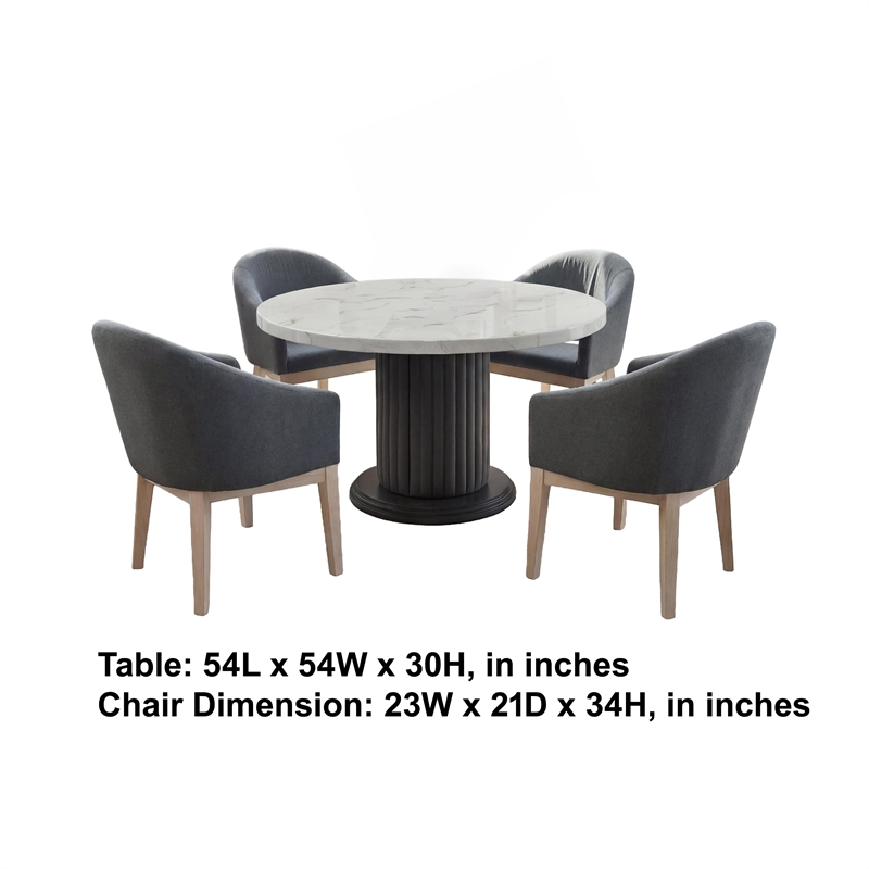 Beny 5pc Dining Set with Round Faux Marble Top- Gray Fabric Barrel Chairs
