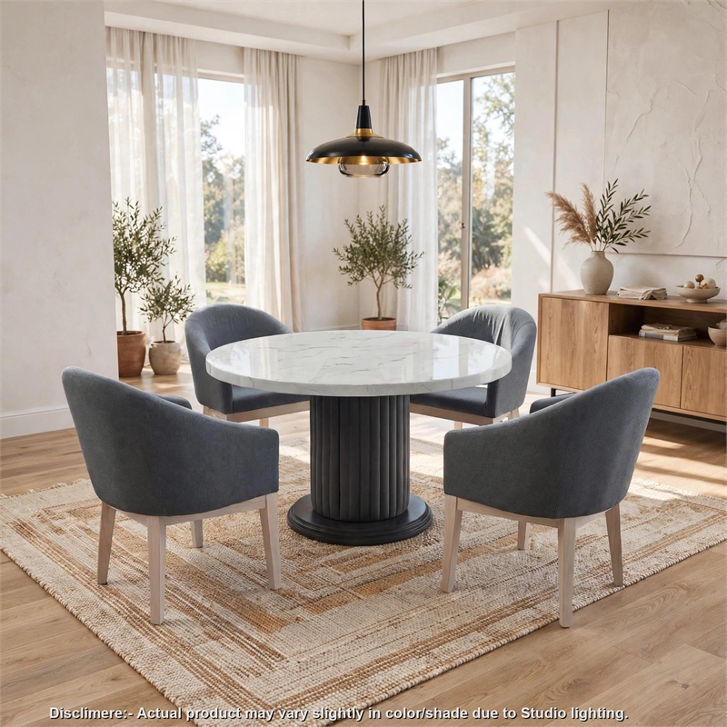Beny 5pc Dining Set with Round Faux Marble Top- Gray Fabric Barrel Chairs
