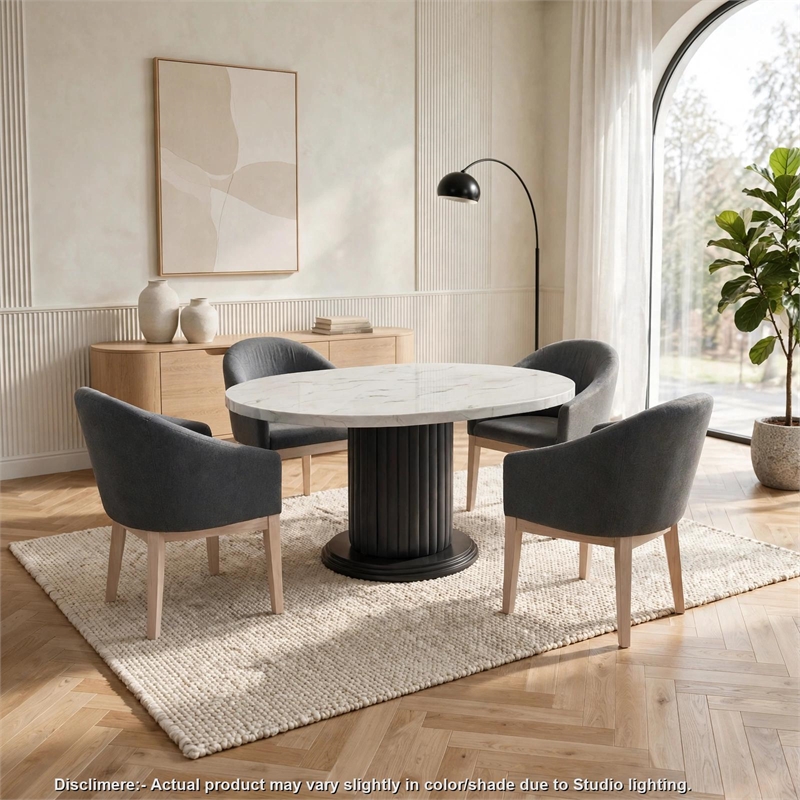 Beny 5pc Dining Set with Round Faux Marble Top- Gray Fabric Barrel Chairs