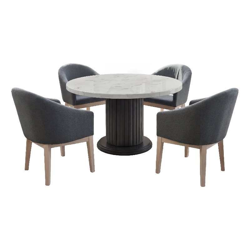 Beny 5pc Dining Set with Round Faux Marble Top- Gray Fabric Barrel Chairs
