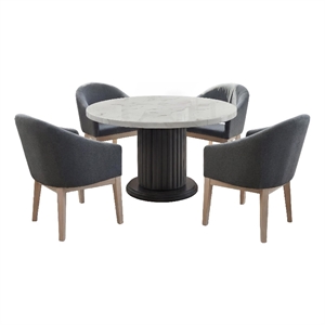 Beny 5pc Dining Set with Round Faux Marble Top- Gray Fabric Barrel Chairs