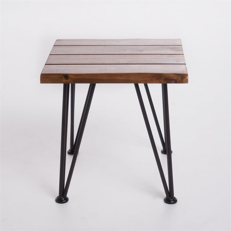 Zoe 3pc Outdoor Table Set- Slatted Top- Teak Brown- Black Hairpin Legs
