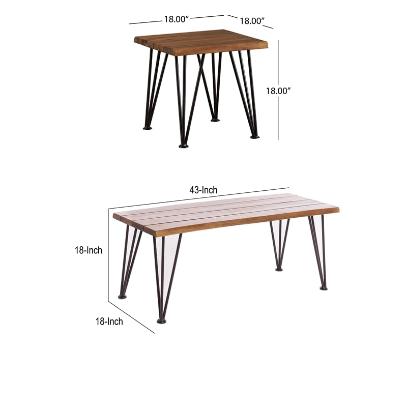 Zoe 3pc Outdoor Table Set- Slatted Top- Teak Brown- Black Hairpin Legs