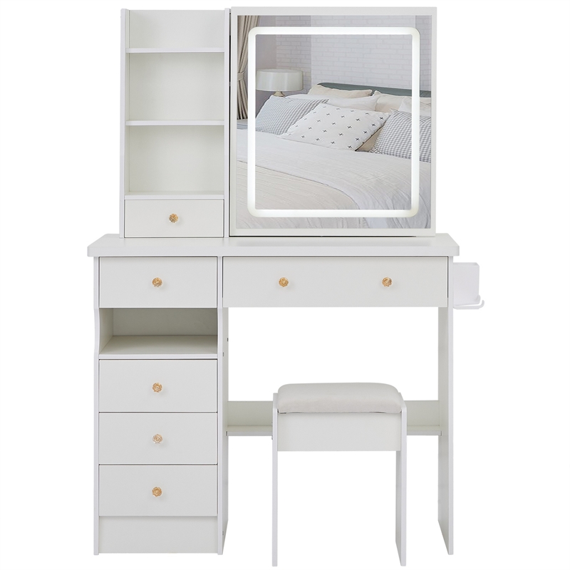 Rocky 2pc LED Vanity Desk Set w Stool- USB Charging- Sliding Mirror- White