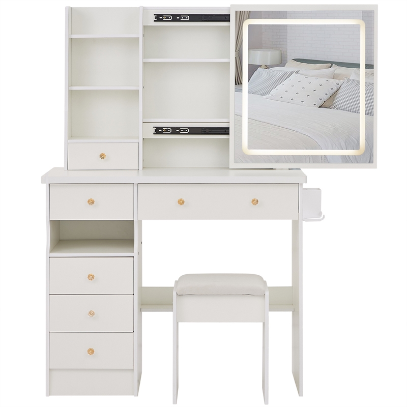 Rocky 2pc LED Vanity Desk Set w Stool- USB Charging- Sliding Mirror- White