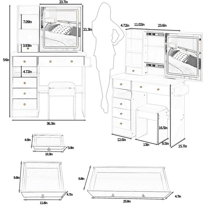 Rocky 2pc LED Vanity Desk Set w Stool- USB Charging- Sliding Mirror- White