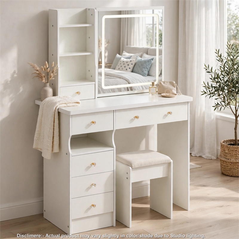 Rocky 2pc LED Vanity Desk Set w Stool- USB Charging- Sliding Mirror- White