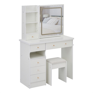 Rocky 2pc LED Vanity Desk Set w Stool- USB Charging- Sliding Mirror- White