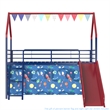 Zeso Kids Twin Loft Bed- House Design- Slide and Curtain- Navy Blue and Red