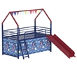 Zeso Kids Twin Loft Bed- House Design- Slide and Curtain- Navy Blue and Red