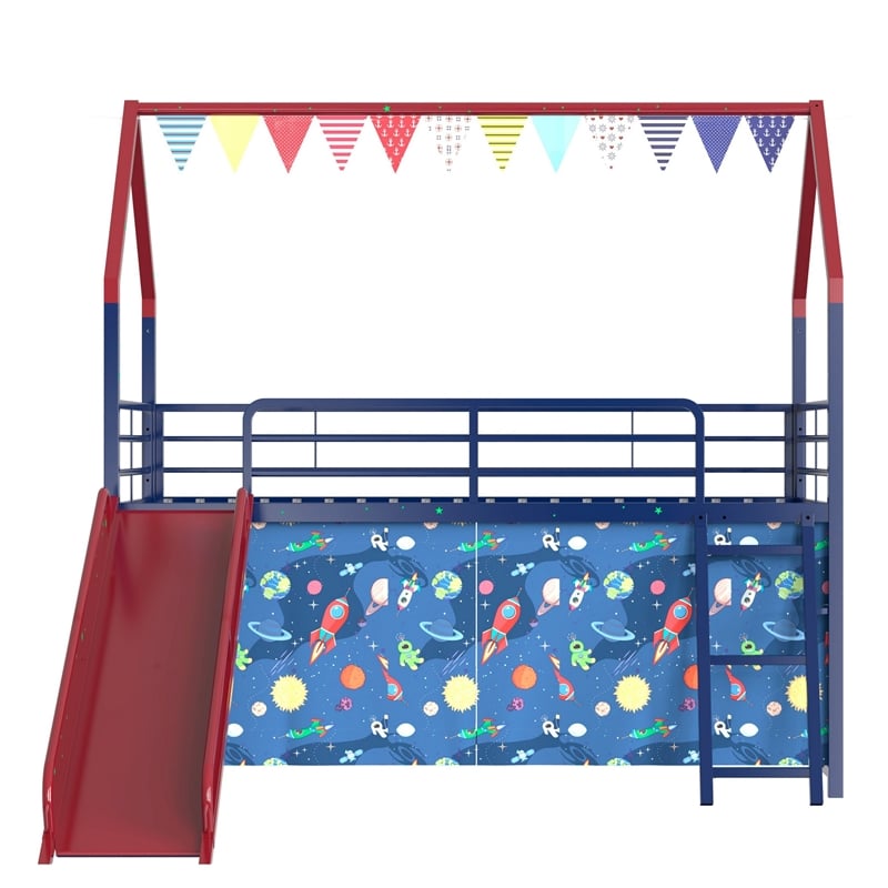 Zeso Kids Twin Loft Bed- House Design- Slide and Curtain- Navy Blue and Red