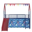 Zeso Kids Twin Loft Bed- House Design- Slide and Curtain- Navy Blue and Red