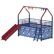 Zeso Kids Twin Loft Bed- House Design- Slide and Curtain- Navy Blue and Red