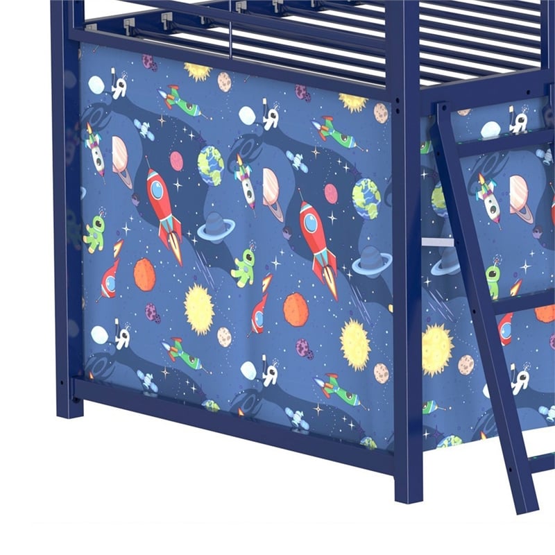 Zeso Kids Twin Loft Bed- House Design- Slide and Curtain- Navy Blue and Red