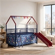 Zeso Kids Twin Loft Bed- House Design- Slide and Curtain- Navy Blue and Red