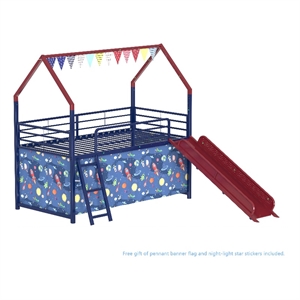 Zeso Kids Twin Loft Bed- House Design- Slide and Curtain- Navy Blue and Red
