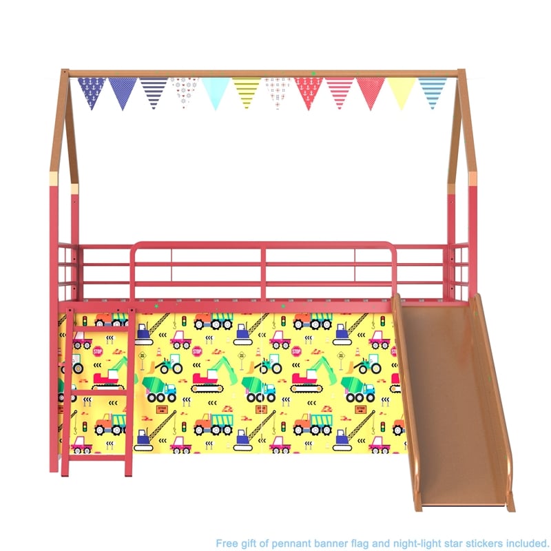 Zeso Kids Twin Loft Bed- House Design- Slide and Curtain- Gold and Red
