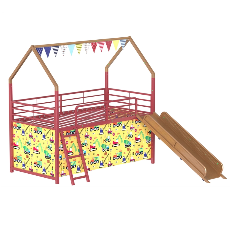 Zeso Kids Twin Loft Bed- House Design- Slide and Curtain- Gold and Red