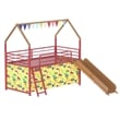 Zeso Kids Twin Loft Bed- House Design- Slide and Curtain- Gold and Red