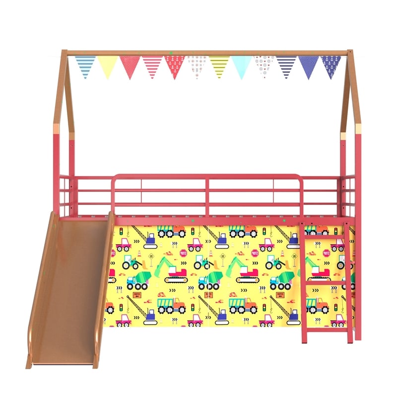 Zeso Kids Twin Loft Bed- House Design- Slide and Curtain- Gold and Red