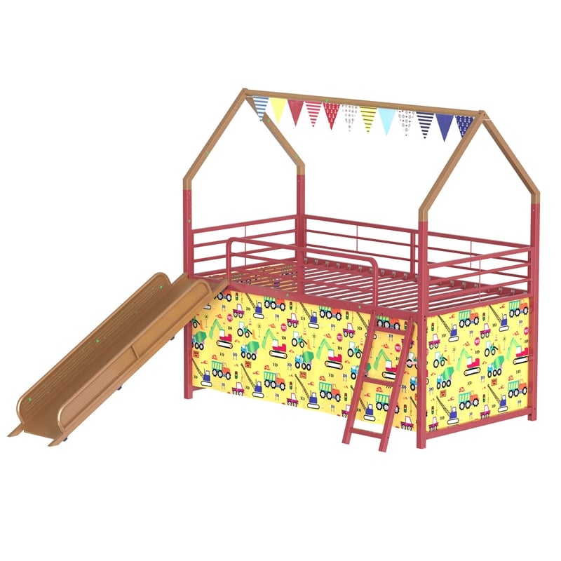 Zeso Kids Twin Loft Bed- House Design- Slide and Curtain- Gold and Red