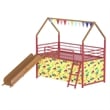 Zeso Kids Twin Loft Bed- House Design- Slide and Curtain- Gold and Red