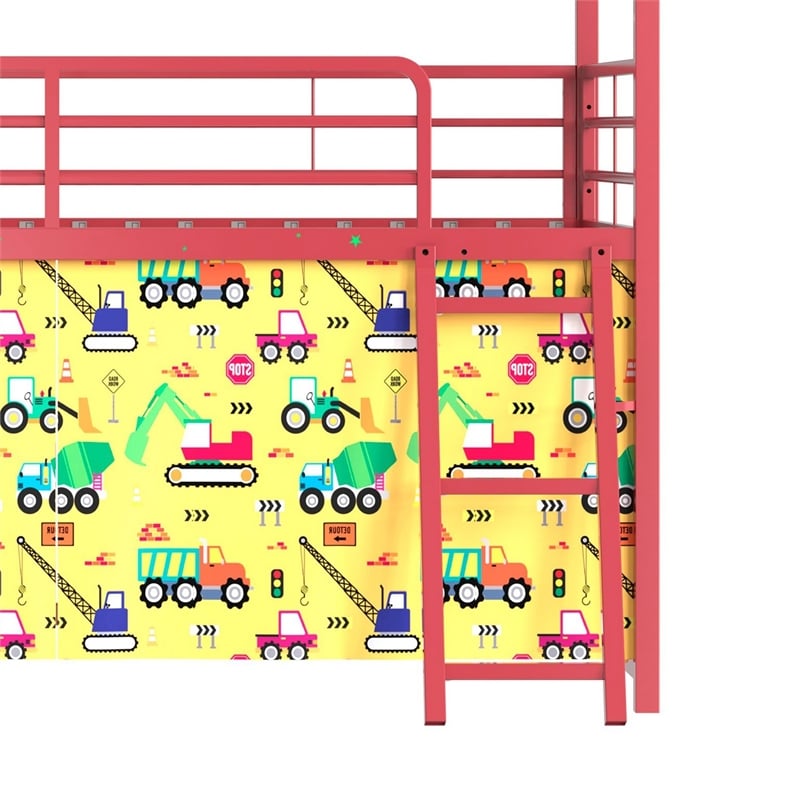 Zeso Kids Twin Loft Bed- House Design- Slide and Curtain- Gold and Red