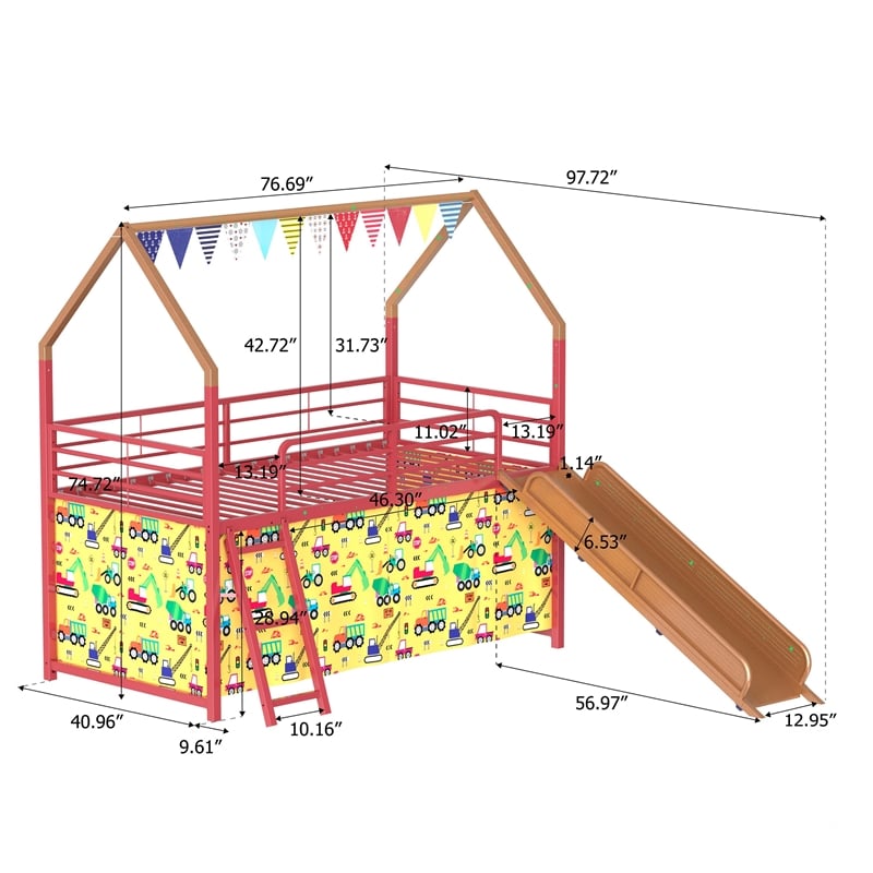 Zeso Kids Twin Loft Bed- House Design- Slide and Curtain- Gold and Red