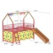 Zeso Kids Twin Loft Bed- House Design- Slide and Curtain- Gold and Red