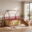 Zeso Kids Twin Loft Bed- House Design- Slide and Curtain- Gold and Red