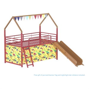 Zeso Kids Twin Loft Bed- House Design- Slide and Curtain- Gold and Red
