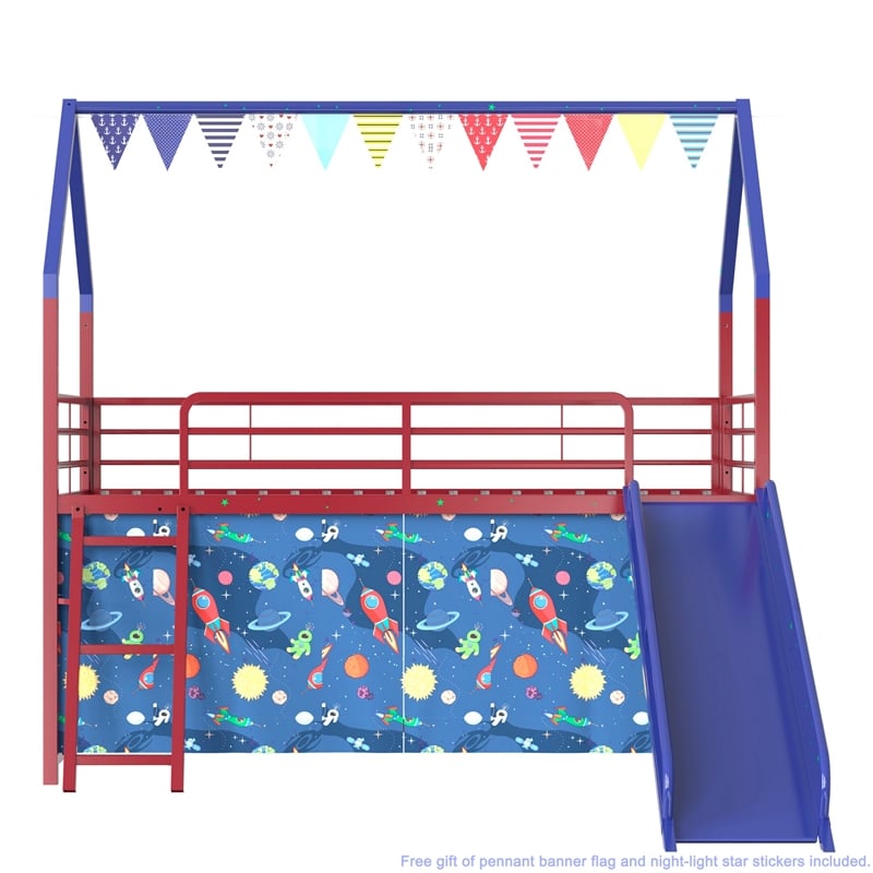 Zeso Kids Twin Loft Bed- House Design- Navy Blue and Red- Slide and Curtain
