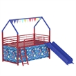 Zeso Kids Twin Loft Bed- House Design- Navy Blue and Red- Slide and Curtain
