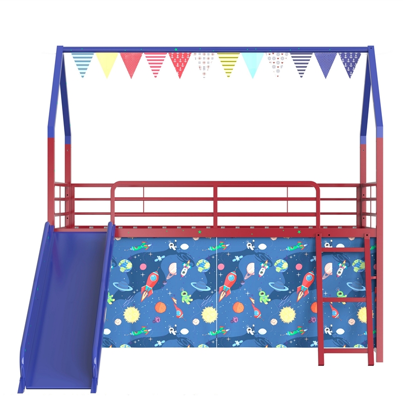 Zeso Kids Twin Loft Bed- House Design- Navy Blue and Red- Slide and Curtain
