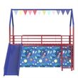 Zeso Kids Twin Loft Bed- House Design- Navy Blue and Red- Slide and Curtain