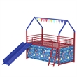 Zeso Kids Twin Loft Bed- House Design- Navy Blue and Red- Slide and Curtain