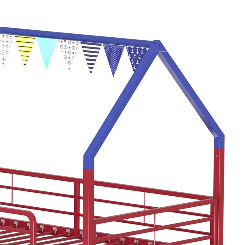 Zeso Kids Twin Loft Bed- House Design- Navy Blue and Red- Slide and Curtain