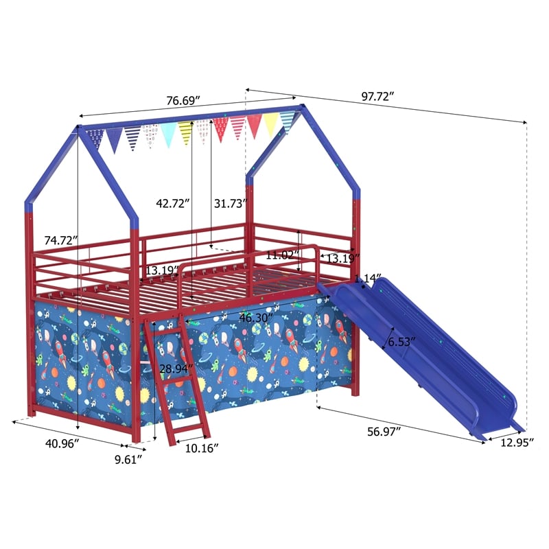 Zeso Kids Twin Loft Bed- House Design- Navy Blue and Red- Slide and Curtain