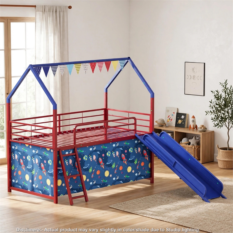 Zeso Kids Twin Loft Bed- House Design- Navy Blue and Red- Slide and Curtain