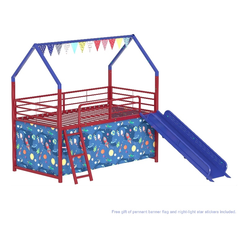 Zeso Kids Twin Loft Bed- House Design- Navy Blue and Red- Slide and Curtain