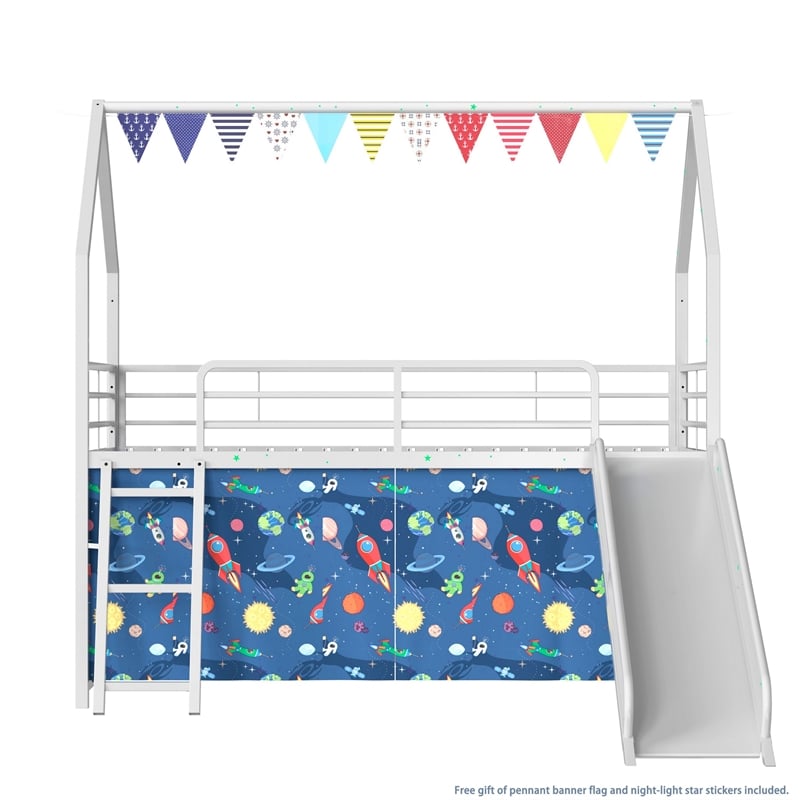 Zeso Kids Twin Loft Bed- House Design- Blue and White- Slide and Curtain