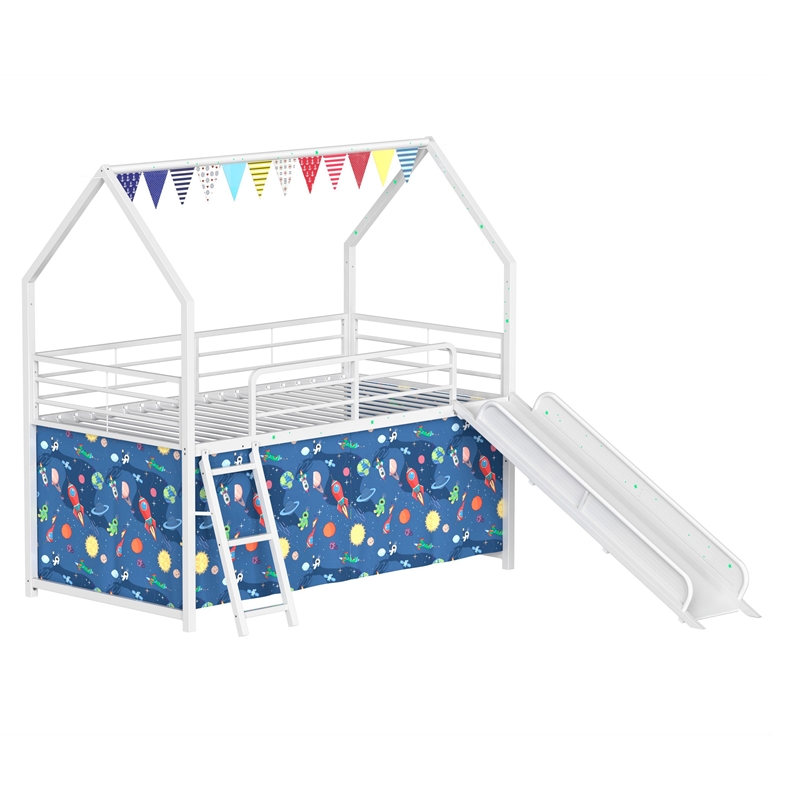 Zeso Kids Twin Loft Bed- House Design- Blue and White- Slide and Curtain