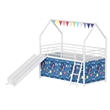Zeso Kids Twin Loft Bed- House Design- Blue and White- Slide and Curtain
