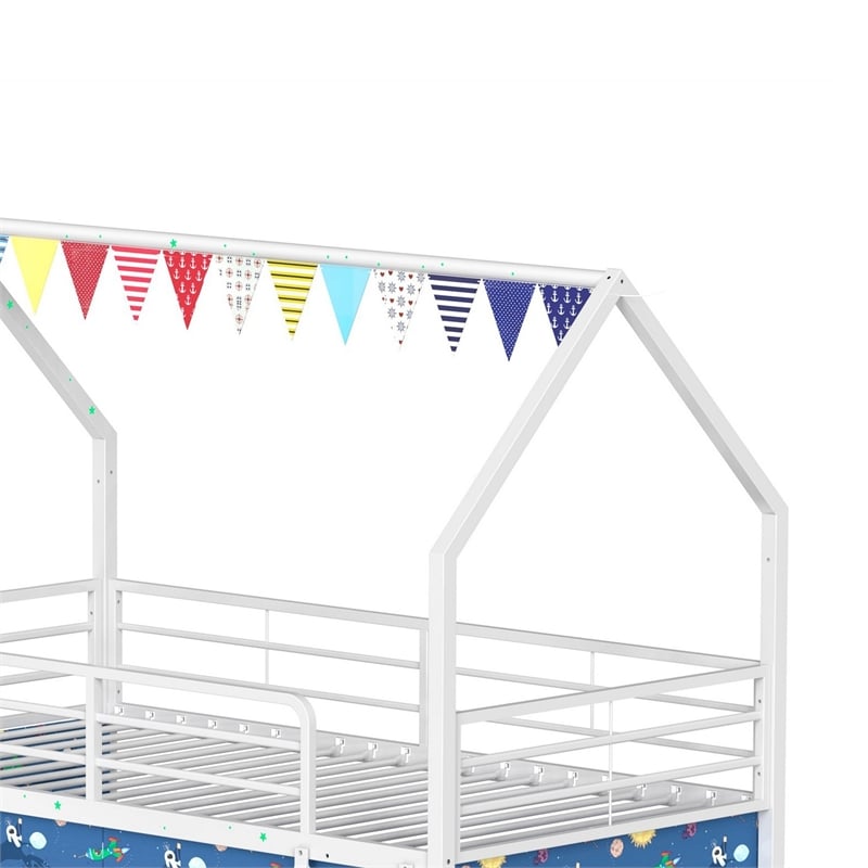 Zeso Kids Twin Loft Bed- House Design- Blue and White- Slide and Curtain
