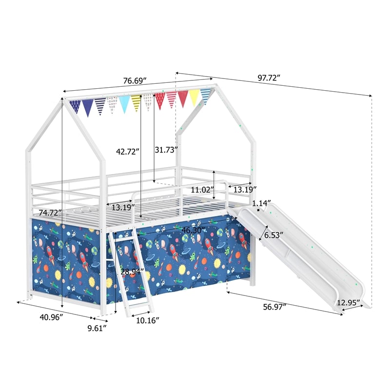 Zeso Kids Twin Loft Bed- House Design- Blue and White- Slide and Curtain