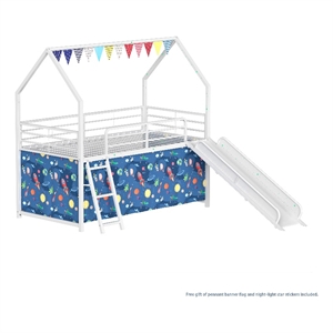 Zeso Kids Twin Loft Bed- House Design- Blue and White- Slide and Curtain