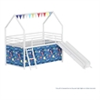 Zeso Kids Twin Loft Bed- House Design- Blue and White- Slide and Curtain