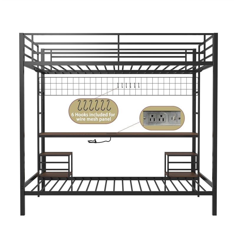Eso Full Over Twin Bunk Bed- Desk- Storage Shelves- Black Metal