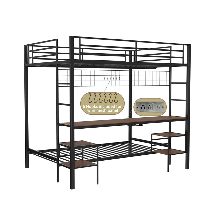 Eso Full Over Twin Bunk Bed- Desk- Storage Shelves- Black Metal