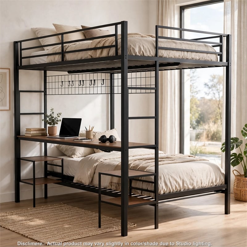 Eso Full Over Twin Bunk Bed- Desk- Storage Shelves- Black Metal